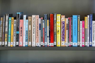 a bookshelf in a library